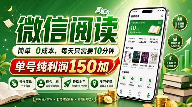 最新微信阅读，每日10分钟，单号利润150+，可批量放大操作，简单0成本-网创之家