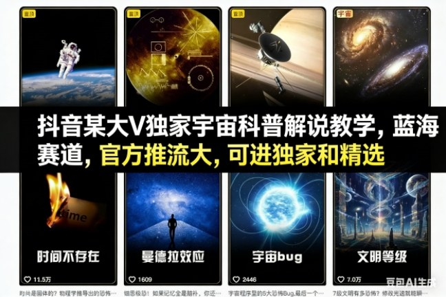 抖音某大V独家宇宙科普解说教学，蓝海赛道，官方推流大，可进独家和精选-网创之家