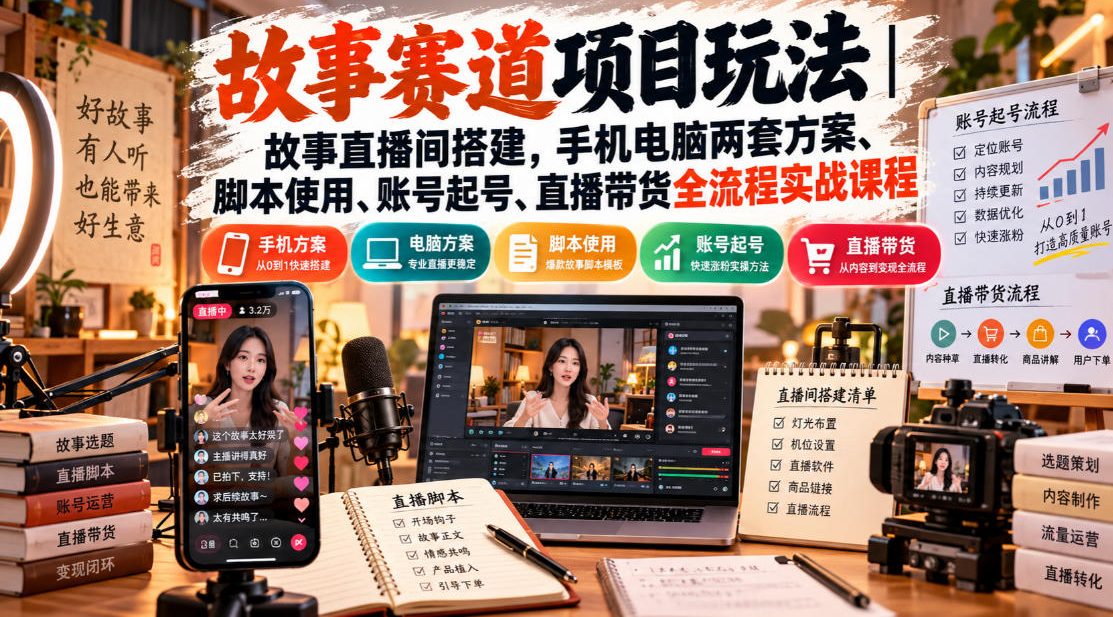 故事赛道项目玩法｜故事直播间搭建，手机电脑两套方案、脚本使用、账号起号、直播带货全流程实战课程-网创之家