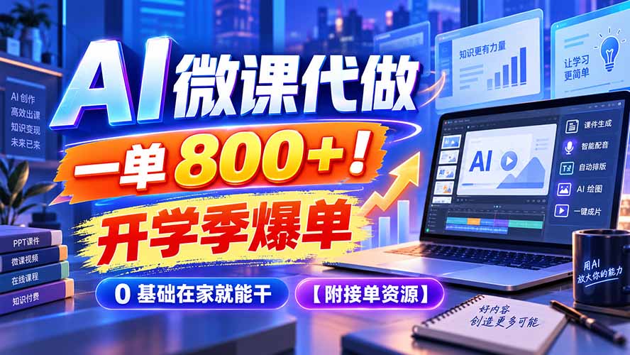 AI 微课代做，一单 800+！开学季爆单，0 基础在家就能干【附接单资源】-网创之家