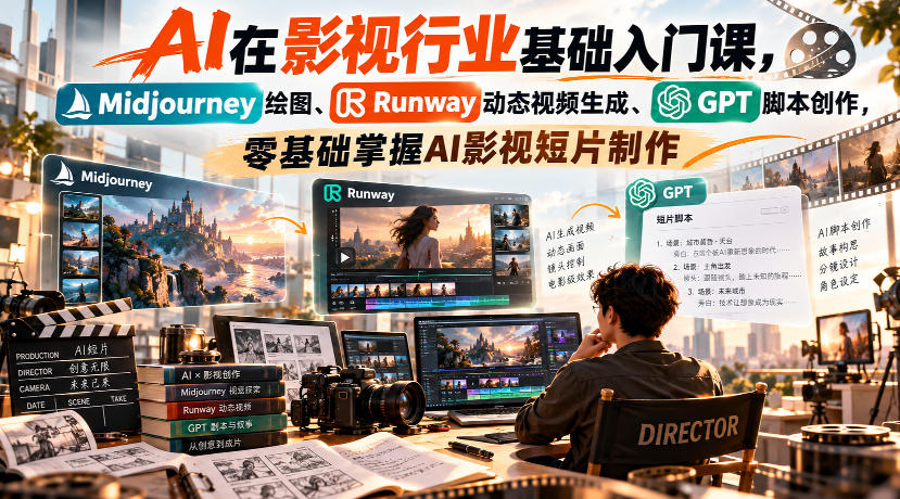 【无水印】AI在影视行业基础入门课，Midjourney绘图、Runway动态视频生成、GPT脚本创作，零基础掌握AI影视短片制作-网创之家