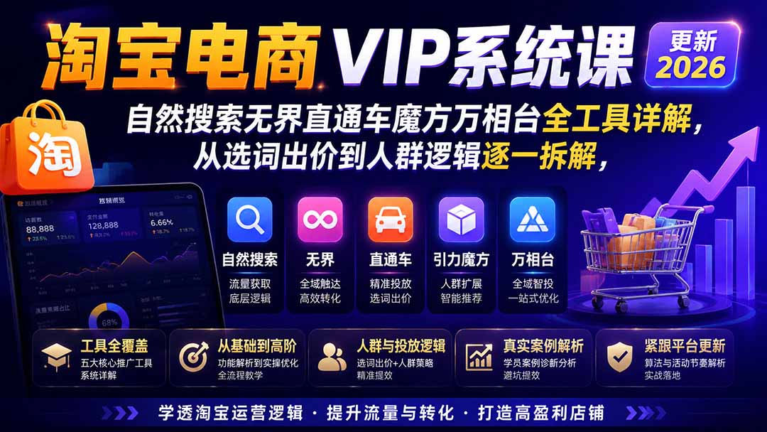 淘宝电商VIP系统课-更新8月；自然搜索无界直通车魔方万相台全工具详解，从选词出价到人群逻辑逐一拆解-网创之家
