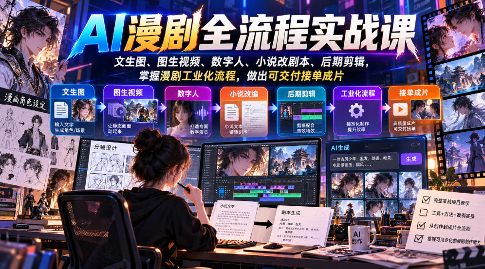AI漫剧全流程实战课，文生图、图生视频、数字人、小说改剧本、后期剪辑，掌握漫剧工业化流程，做出可交付接单成片-网创之家