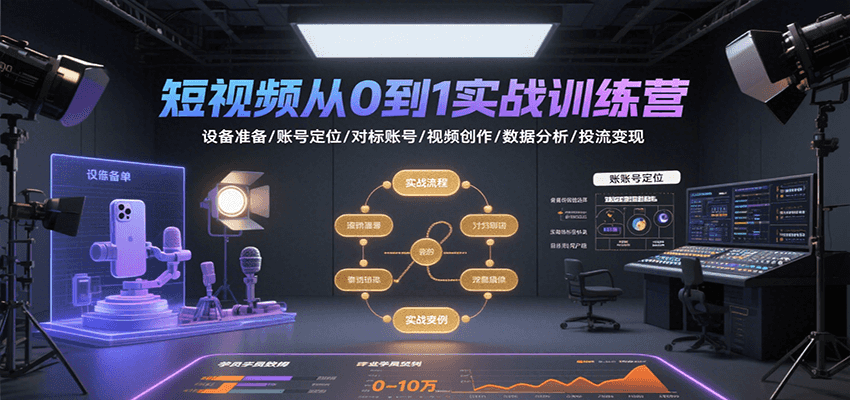 短视频从0到1实战训练营：设备准备/账号定位/对标账号/视频创作/数据分析/投流变现-网创之家