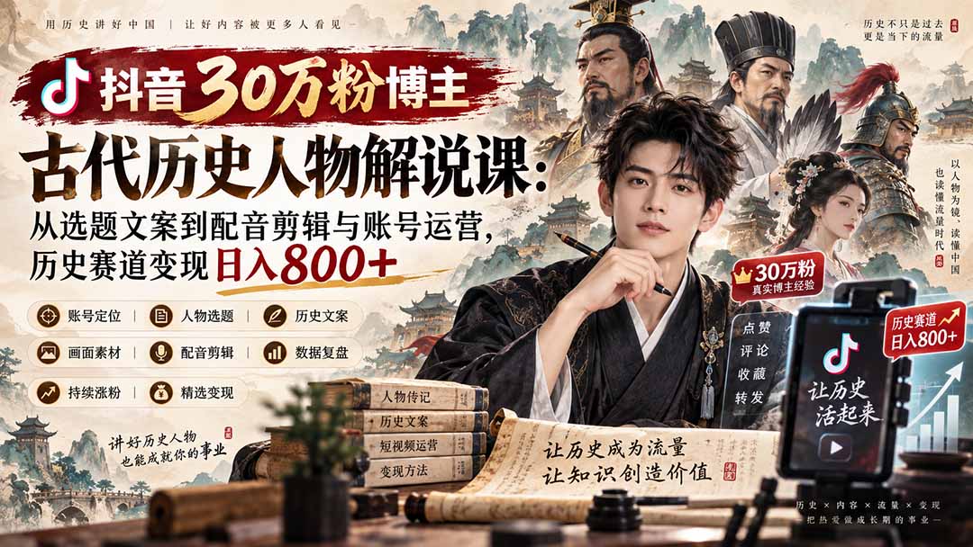 抖音30万粉博主古代历史人物解说课：从选题文案到配音剪辑与账号运营，历史赛道变现日入800+-网创之家