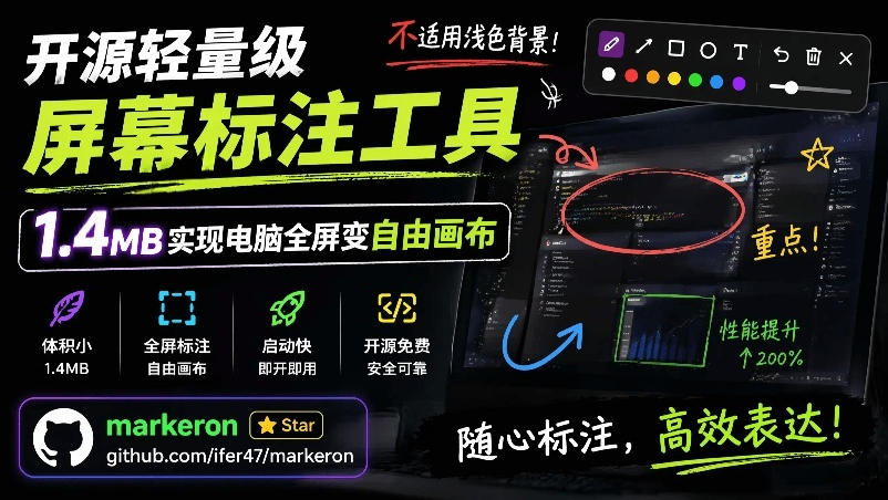 开源轻量级屏幕标注工具，1.4MB实现电脑全屏变自由画布！支持8种标注工具和全键盘操控MarkerOn-网创之家