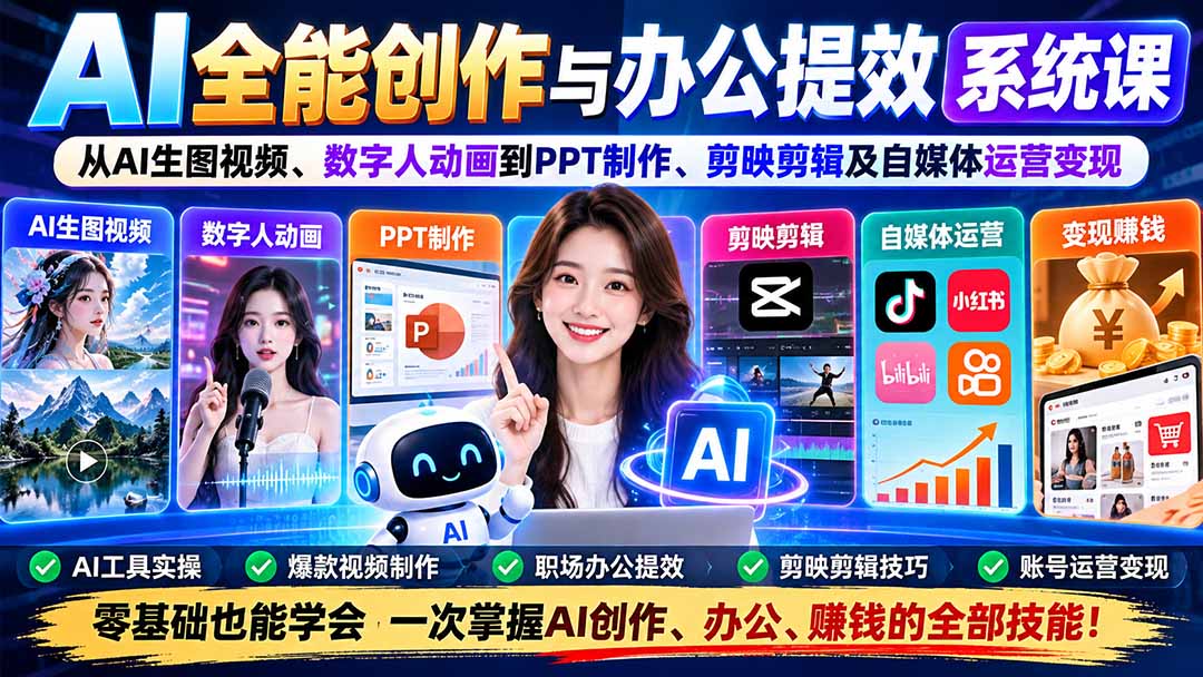 AI全能创作与办公提效系统课：从AI生图视频、数字人动画到PPT制作、剪映剪辑及自媒体运营变现-网创之家