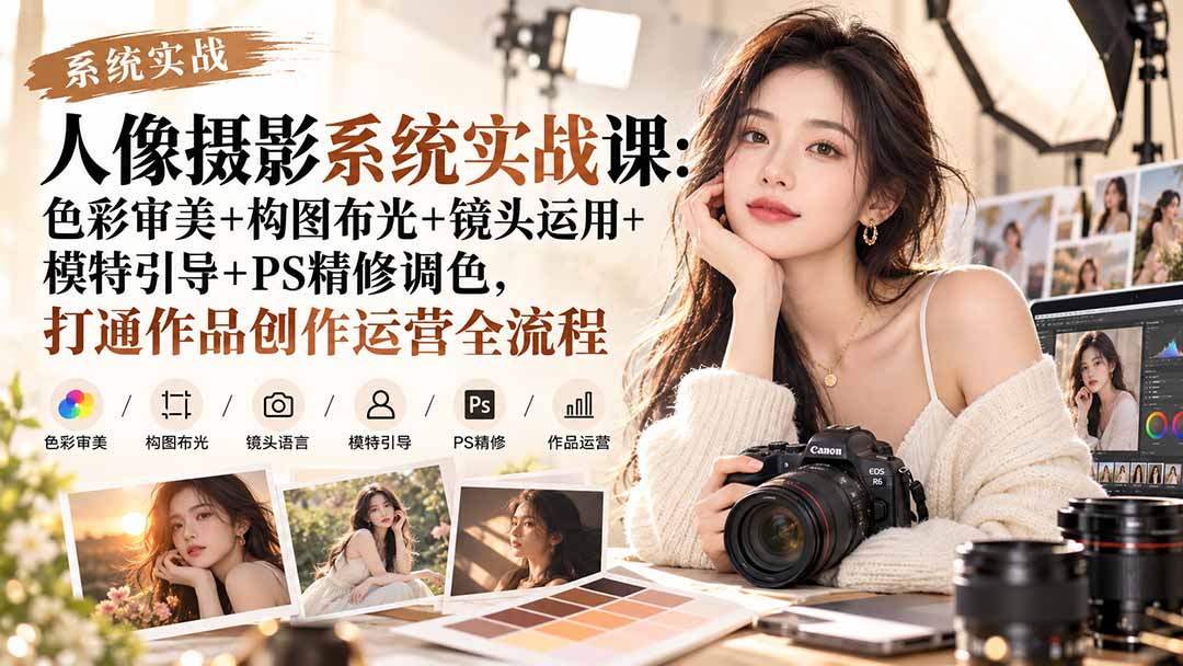 【无水印】人像摄影系统实战课：色彩审美+构图布光+镜头运用+模特引导+PS精修调色，打通作品创作运营全流程-网创之家