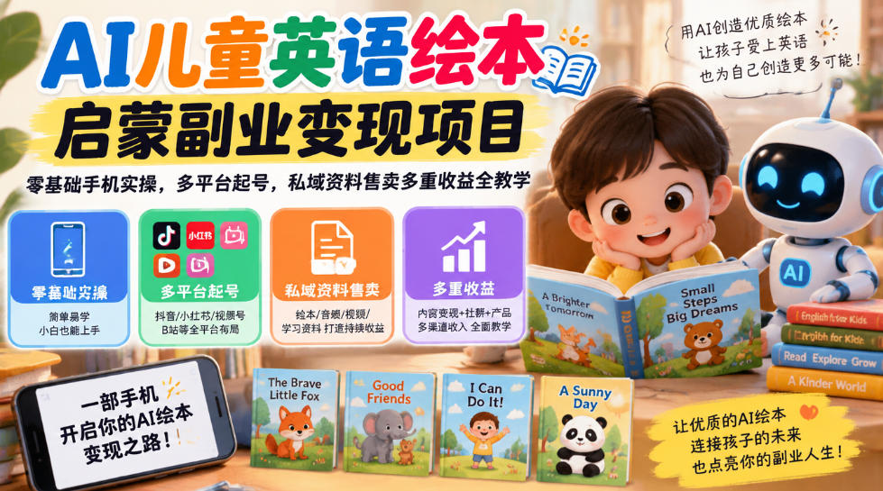 AI儿童英语绘本启蒙副业变现项目，零基础手机实操，多平台起号，私域资料售卖多重收益全教学-网创之家