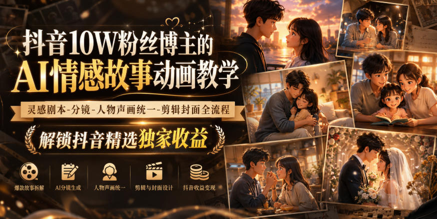 抖音10W粉丝博主的AI情感故事动画教学，灵感剧本‑分镜‑人物声画统一‑剪辑封面全流程，解锁抖音精选独家收益-网创之家