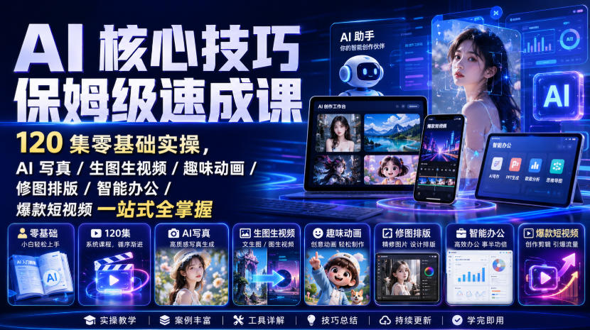 AI核心技巧保姆级速成课｜120集零基础实操，AI写真/生图生视频/趣味动画/修图排版/智能办公/爆款短视频一站式全掌握-网创之家