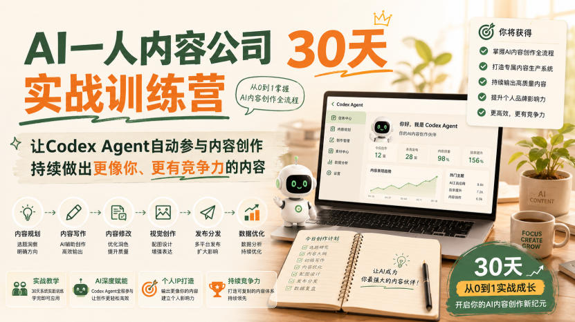 AI一人内容公司30天实战训练营，让Codex Agent自动参与内容创作持续做出更像你、更有竞争力的内容-网创之家