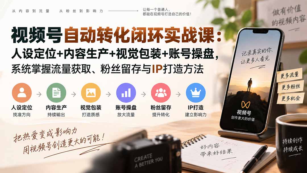 视频号自动转化闭环实战课：人设定位+内容生产+视觉包装+账号操盘，系统掌握流量获取、粉丝留存与IP打造方法-网创之家