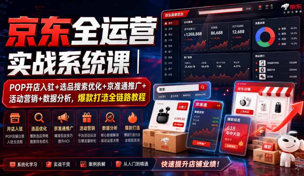 京东全运营实战系统课|POP开店入驻+选品搜索优化+京准通推广+活动营销+数据分析,爆款打造全链路教程-网创之家