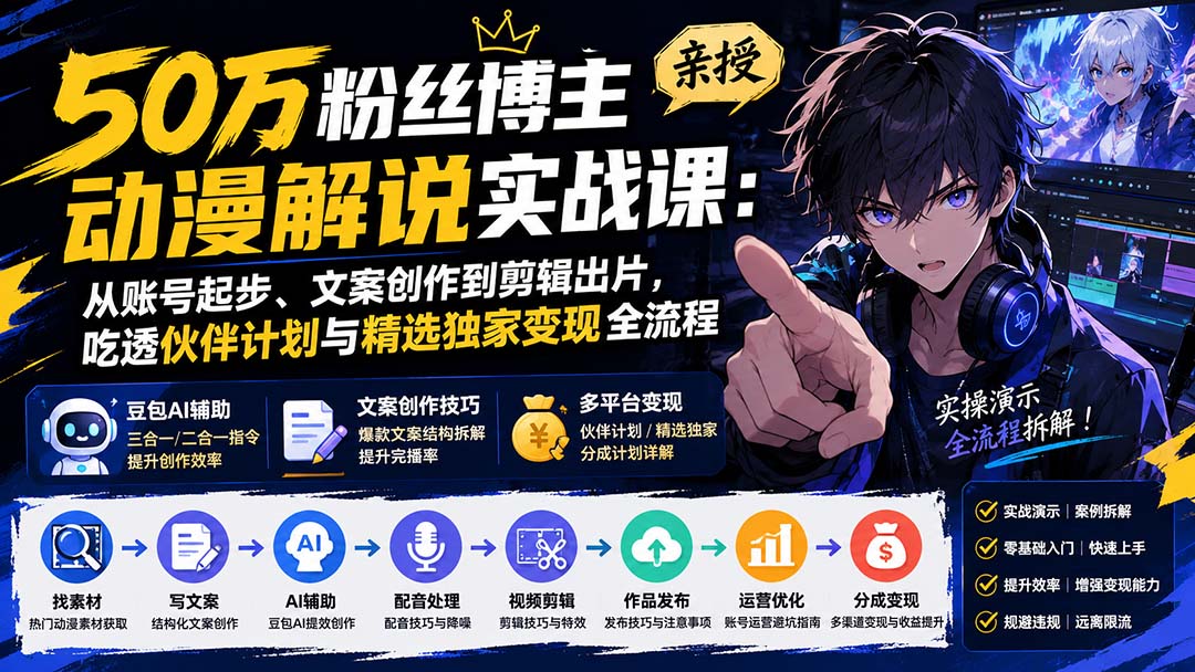 50万粉丝博主亲授动漫解说实战课：从账号起步、文案创作到剪辑出片，吃透伙伴计划与精选独家变现全流程-网创之家