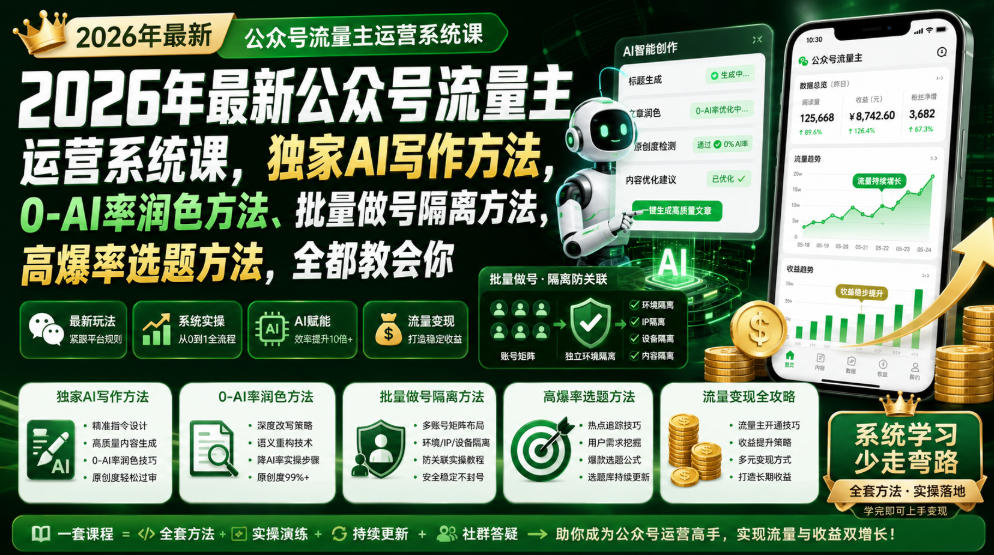 2026年最新公众号流量主运营系统课，独家AI写作方法，0-AI率润色方法、批量做号隔离方法、高爆率选题方法，全都教会你-网创之家