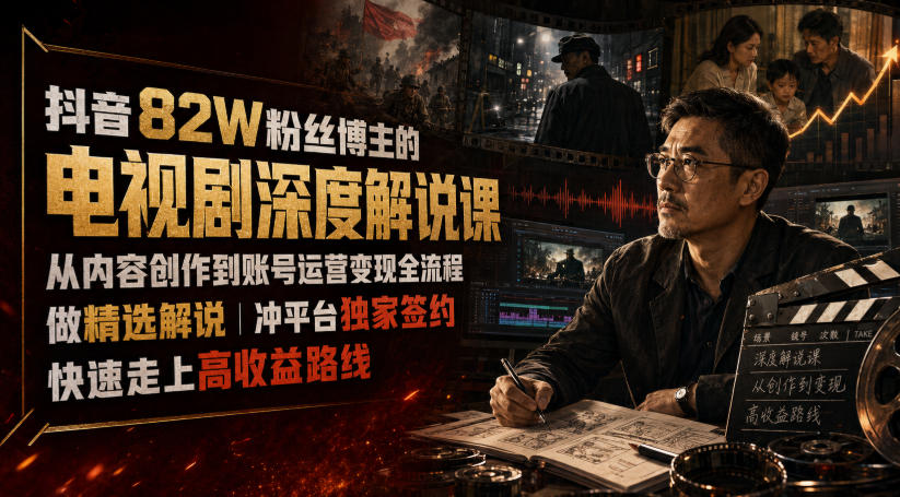 抖音82W粉丝博主的电视剧深度解说课，从内容创作到账号运营变现全流程，做精选解说，冲平台独家签约，快速走上高收益路线-网创之家