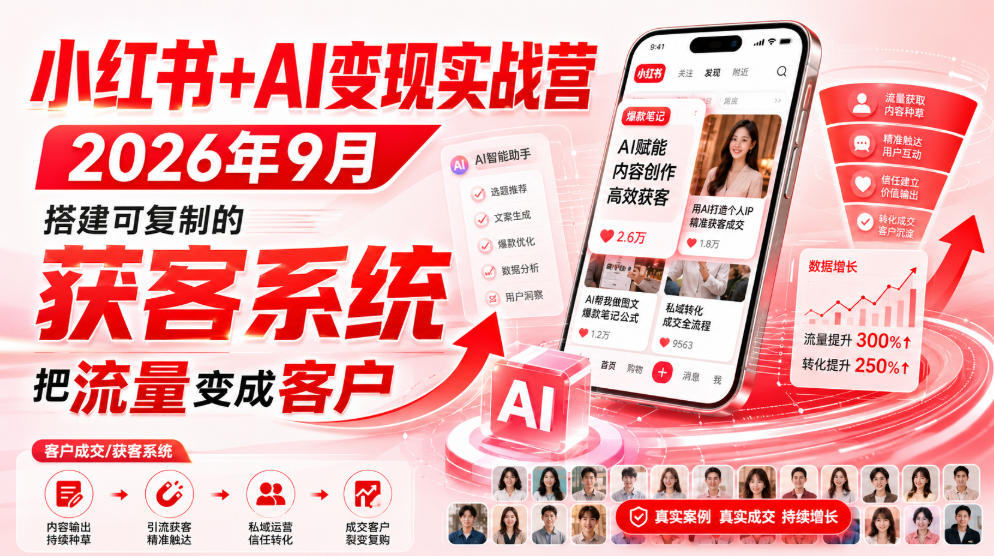 小红书+AI变现实战营2026年9月，搭建可复制的获客系统，把流量变成客户！-网创之家