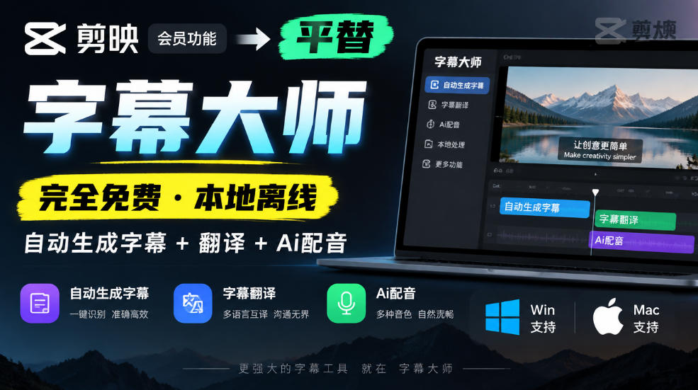 剪映会员功能平替，字幕大师完全免费本地离线，支持自动生成字幕+翻译+Ai配音，Win和Mac都支持！-网创之家