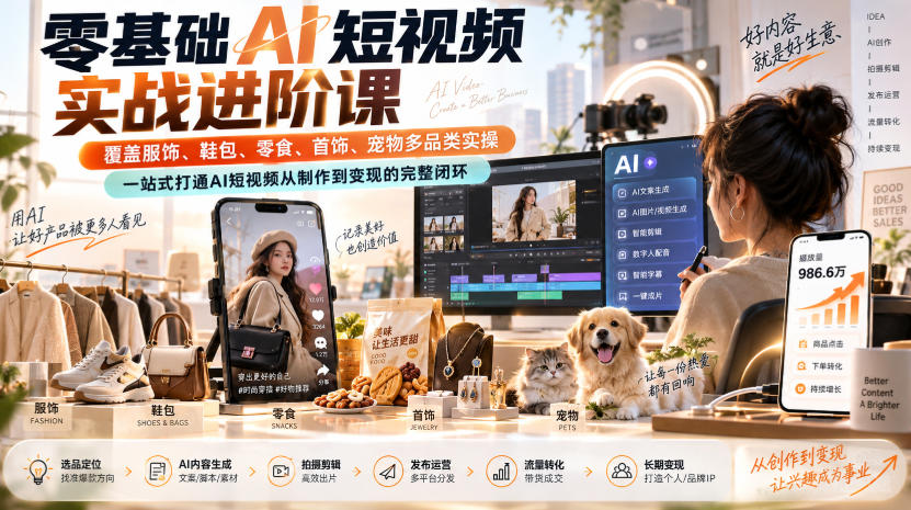零基础AI短视频实战进阶课，覆盖服饰、鞋包、零食、首饰、宠物多品类实操，一站式打通AI短视频从制作到变现的完整闭环-网创之家