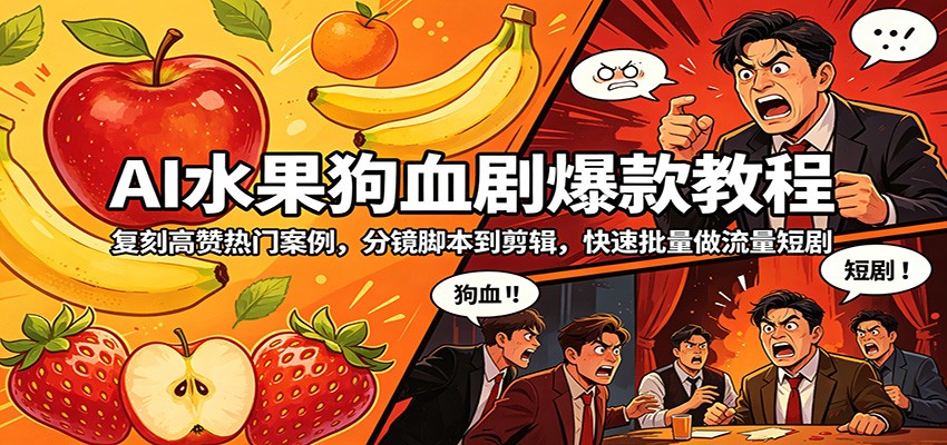 AI水果狗血剧爆款教程：复刻高赞热门案例，分镜脚本到剪辑，快速批量做流量短剧-网创之家