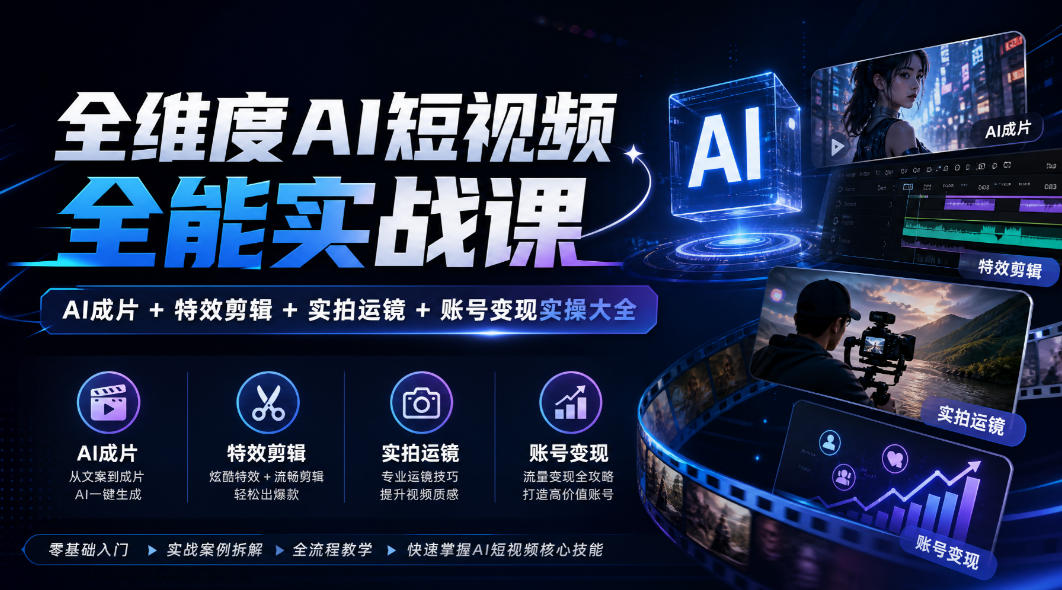 全维度AI短视频全能实战课，AI成片+特效剪辑+实拍运镜+账号变现实操大全-网创之家