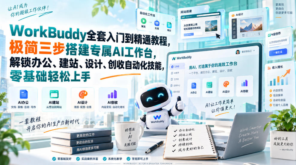 WorkBuddy全套入门到精通教程，极简三步搭建专属AI工作台，解锁办公、建站、设计、创收自动化技能，零基础轻松上手-网创之家