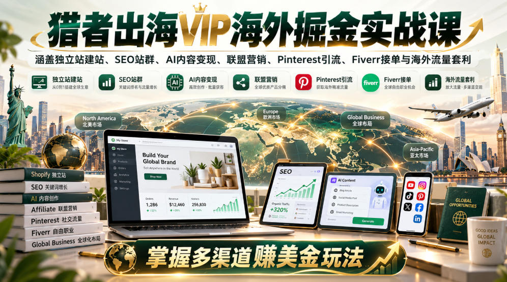 猎者出海VIP海外掘金实战课：涵盖独立站、SEO站群、AI变现、联盟营销、Pinterest引流、Fiverr接单与海外流量套利，掌握多渠道賺美金玩法-网创之家