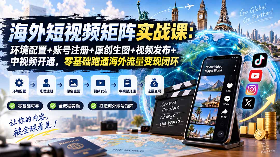 海外短视频矩阵实战课：环境配置+账号注册+原创生图+视频发布+中视频开通，零基础跑通海外流量变现闭环-网创之家