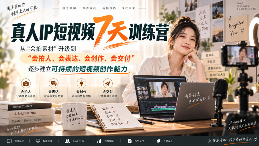 真人IP短视频7天训练营，从“会拍素材”升级到“会拍人、会表达、会创作、会交付”，逐步建立可持续的短视频创作能力-网创之家