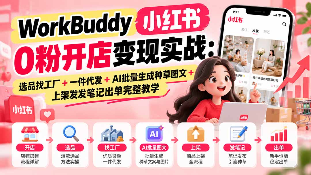 WorkBuddy小红书0粉开店变现实战：选品找工厂+一件代发+AI批量生成种草图文+上架发发笔记出单完整教学-网创之家