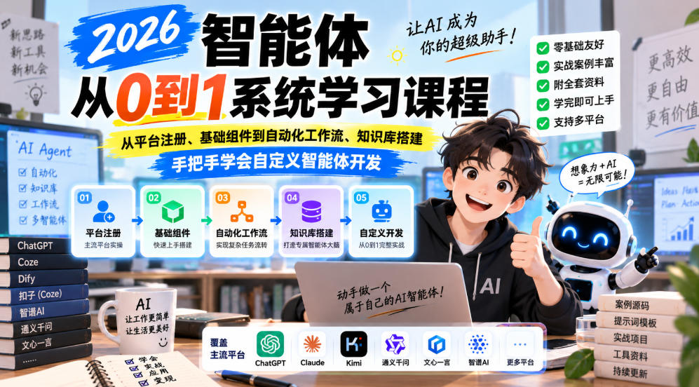 2026智能体从0到1系统学习课程，从平台注册、基础组件到自动化工作流、知识库搭建，手把手学会自定义智能体开发-网创之家