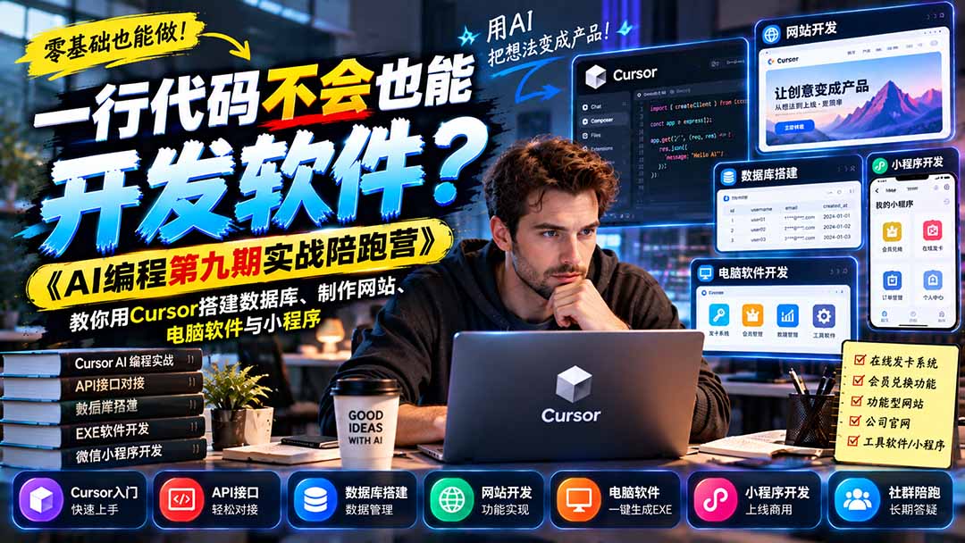 一行代码不会也能开发软件？《AI编程第九期实战陪跑营》教你用Cursor搭建数据库、制作网站、电脑软件与小程序-网创之家