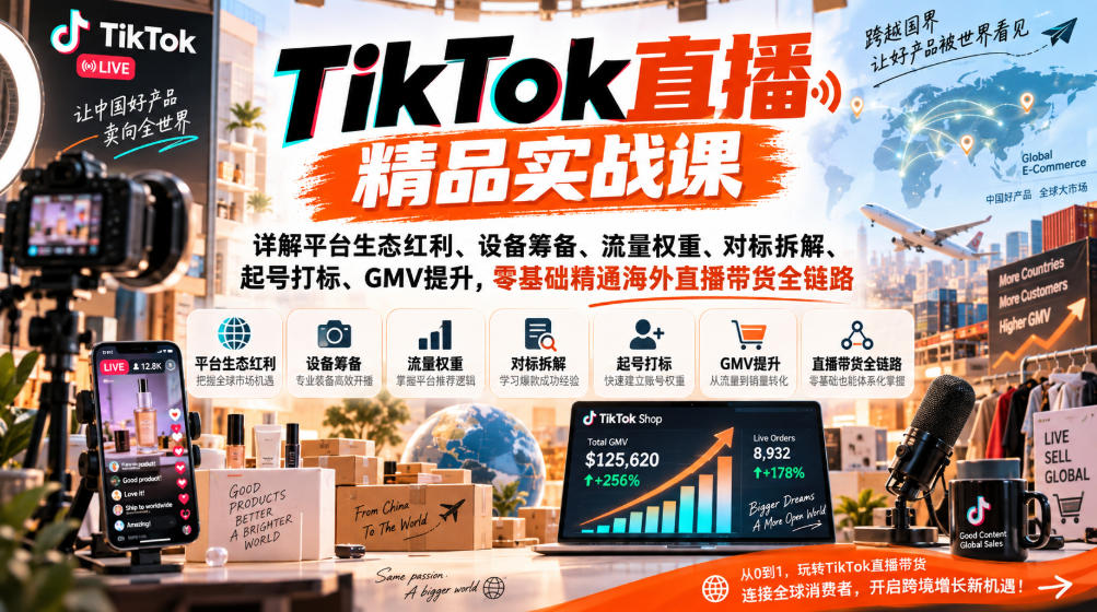 TikTok直播精品实战课，详解平台生态红利、设备筹备、流量权重、对标拆解、起号打标、GMV提升，零基础精通海外直播带货全链路-网创之家