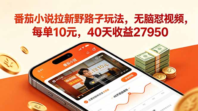 番茄小说拉新野路子玩法，无脑怼视频，每单10元，40天收益27950-网创之家