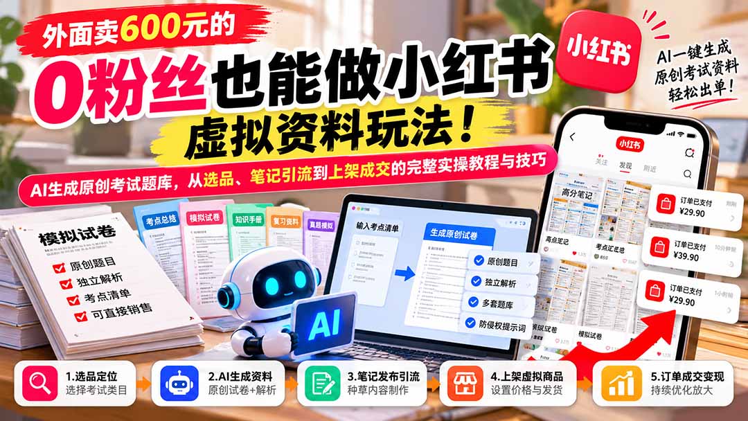 外面卖600元的 零粉丝也能做小红书虚拟资料玩法！AI生成原创考试题库，从选品、笔记引流到上架成交的完整实操教程-网创之家
