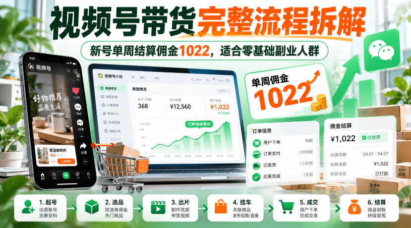 视频号带货完整流程拆解，新号单周结算佣金1022，适合零基础副业人群-网创之家