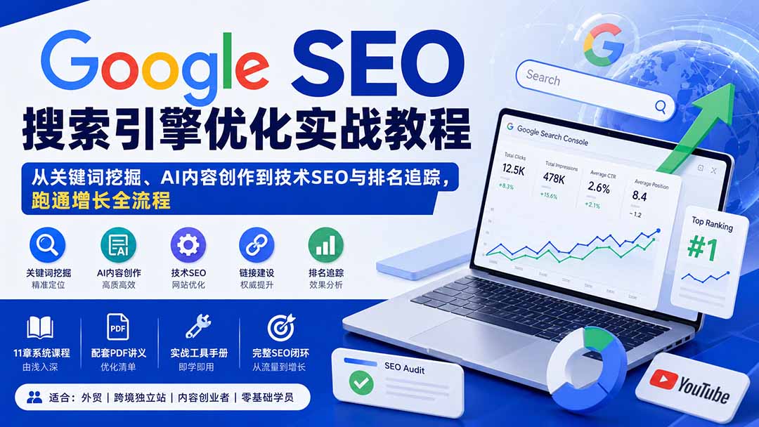 Google SEO搜索引擎优化实战教程：从关键词挖掘、AI内容创作到技术SEO与排名追踪，跑通增长全流程-网创之家