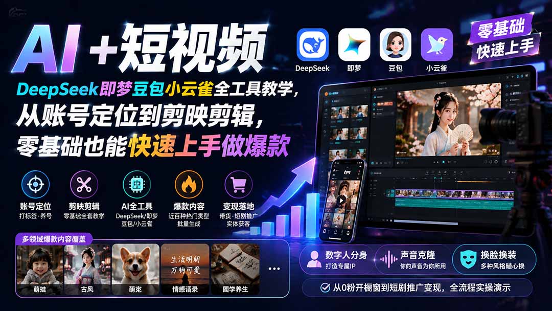 AI+短视频｜DeepSeek即梦豆包小云雀全工具教学，从账号定位到剪映剪辑，零基础也能快速上手做爆款-网创之家