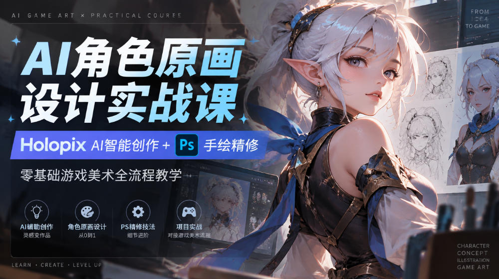 AI角色原画设计实战课｜Holopix AI智能创作+PS手绘精修，零基础游戏美术全流程教学-网创之家
