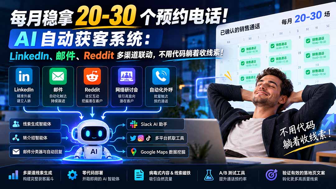 每月稳拿 20-30 个预约电话!AI 自动获客系统:LinkedIn、邮件、Reddit 多渠道联动,不用代码躺着收线索!-网创之家