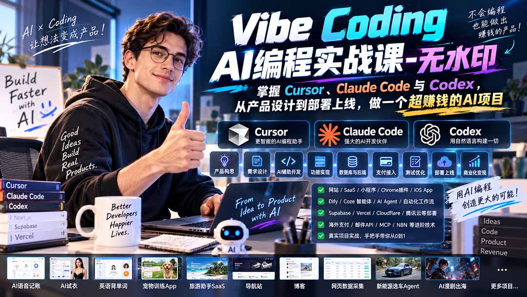 Vibe Coding AI编程实战课-无水印：掌握Cursor、Claude Code与Codex，从产品设计到部署上线，做一个超赚钱的AI项目-网创之家