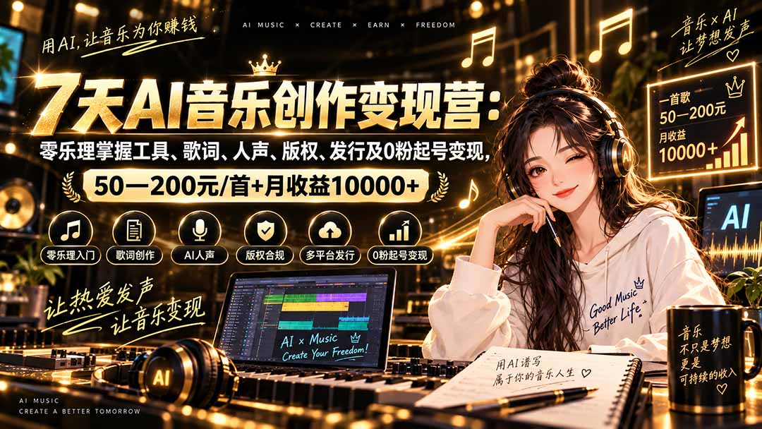 AI音乐创作变现营：零乐理掌握工具、歌词、人声、版权、发行及0粉起号变现，50—200元/首+月收益10000+-网创之家