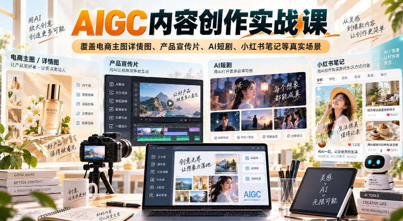 AIGC内容创作实战课，覆盖电商主图详情图、产品宣传片、AI短剧、小红书笔记等真实场景-网创之家