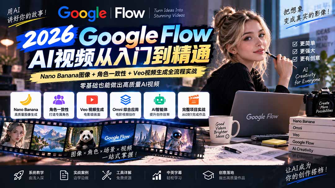 【无水印】Google Flow AI视频从入门到精通：Nano Banana图像+角色一致性+Veo视频生成全流程实战-精翻中英字幕-网创之家