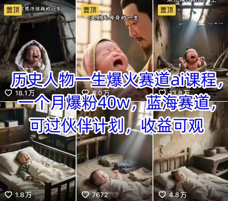历史人物一生爆火赛道ai课程,一个月爆粉40w,蓝海赛道,可过伙伴计划,收益可观-网创之家