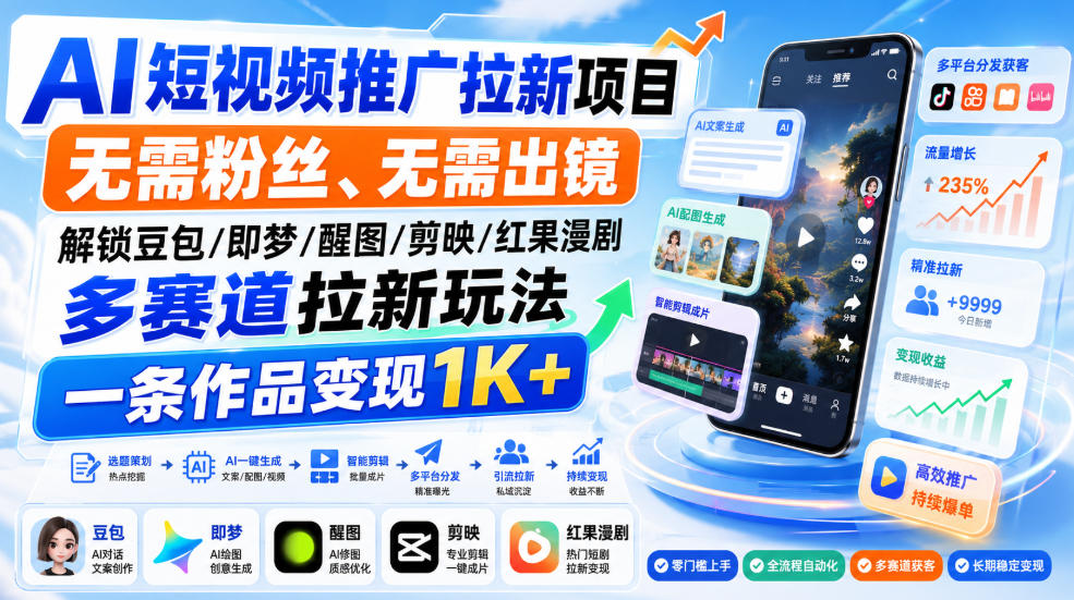 AI短视频推广拉新项目，无需粉丝、无需出镜，解锁豆包/即梦/醒图/剪映/红果漫剧多赛道拉新玩法，一条作品变现1K+-网创之家