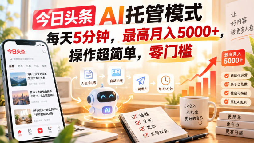 今日头条AI托管模式，每天5分钟，最高月入5000+，操作超简单，零门槛【揭秘】-网创之家