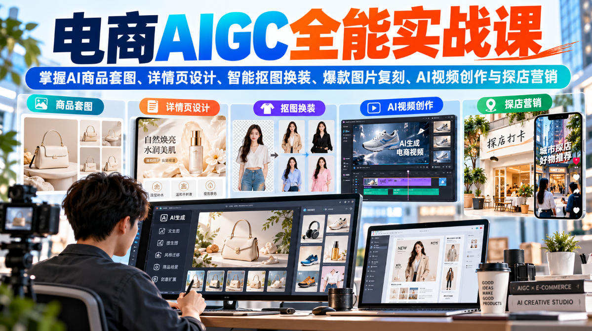 电商AIGC全能实战课：掌握AI商品套图、详情页设计、智能抠图换装、爆款图片复刻、AI视频创作与探店营销-网创之家