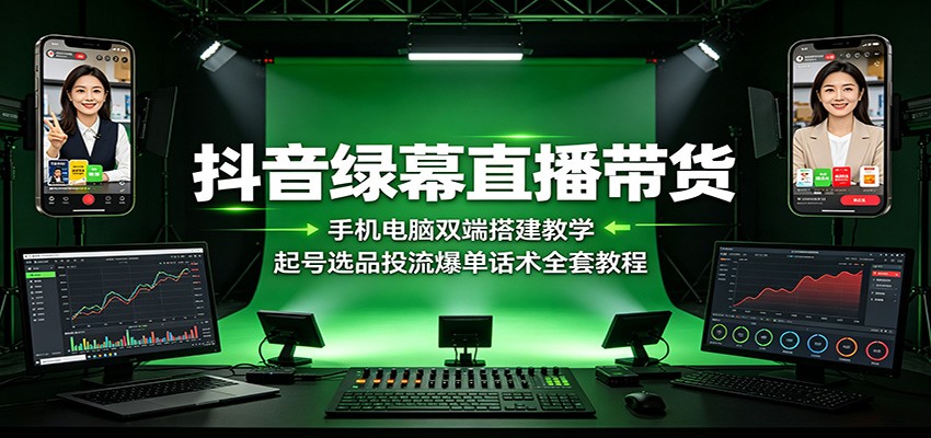 抖音绿幕直播带货：手机电脑双端搭建教学，起号选品投流爆单话术全套教程-网创之家